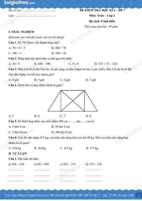 Đề kiểm tra học kì 2 Toán 2 Cánh diều - Đề số 7